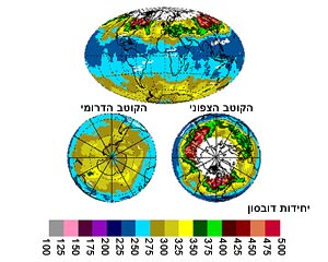 מפת ריכוזי אוזון לפי תצלום לווין של נאס"א